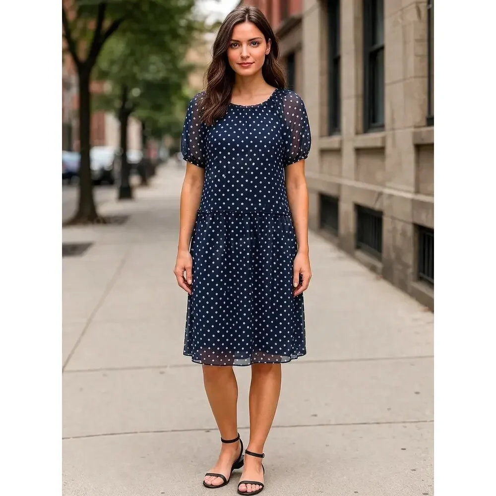Georges Rech Paris Navy Polka Dot Midi Dress Quiet Luxury A-Line Ruffles Size 8 - Picture 11 of 11